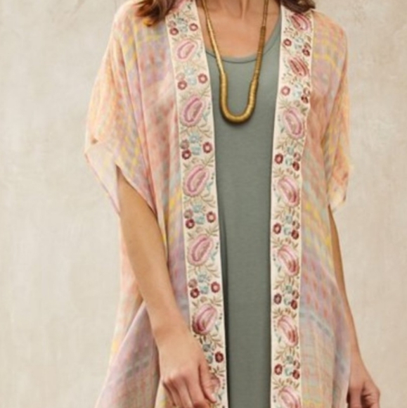 Soft Surroundings Pink tie die kimono Topper Pastel embroidered Cardigan Top S M - Picture 2 of 3